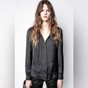NWT zadig & voltaire taos satin tunic shirt with tie neck in noir (black) 🖤